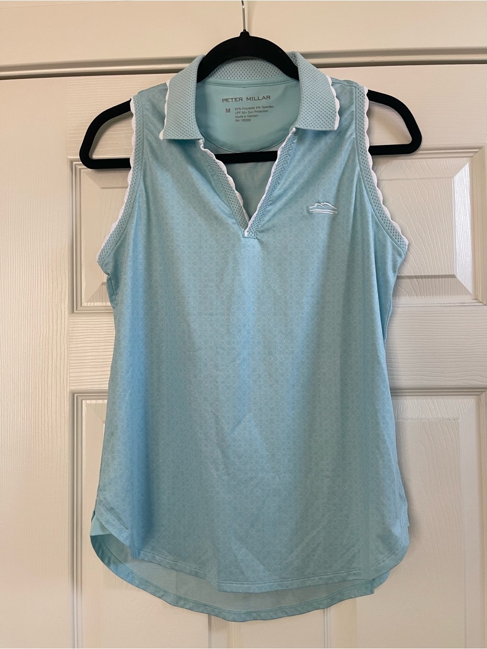 Women’s Peter Millar Sleeveless Geoprint Golf Polo Scallop Trim Light Blue Sz M